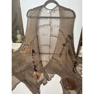 Princys Art to Wear Woven Brown Neutral Textile Open Front Jacket‎ Blazer OS.  Z